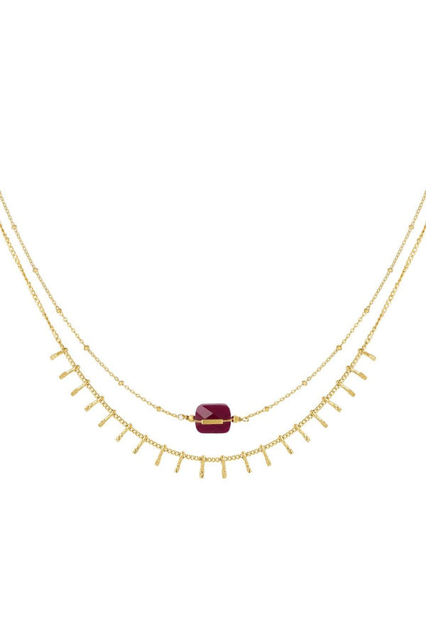 Dubbele ketting met details & steen - Goud & Fuchsia