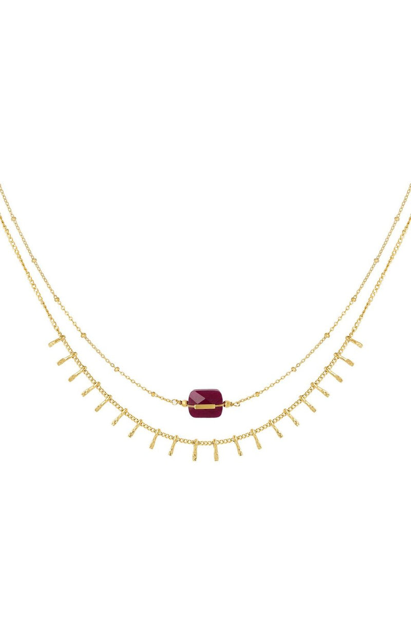 Dubbele ketting met details & steen - Goud & Fuchsia